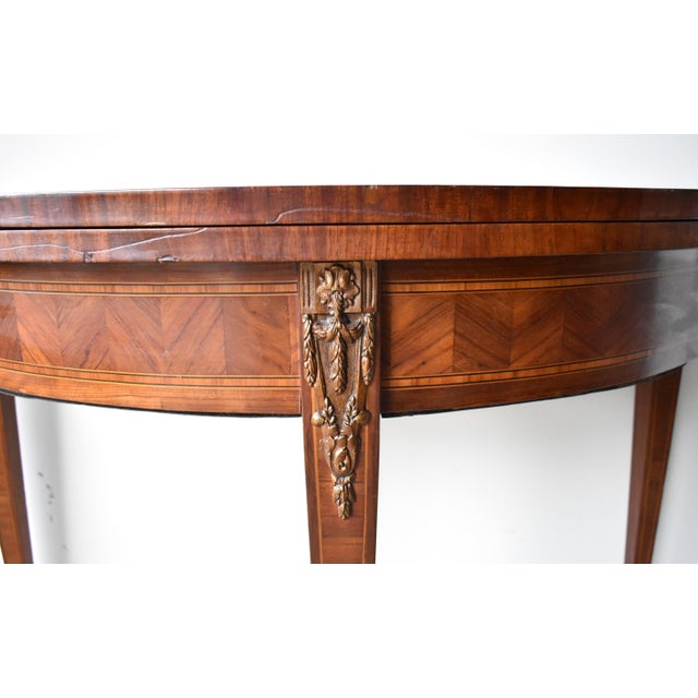 Antique French Louis XVI-Style Marquetry & Ormolu Flip-Top Demilune Card Table For Sale - Image 6 of 13