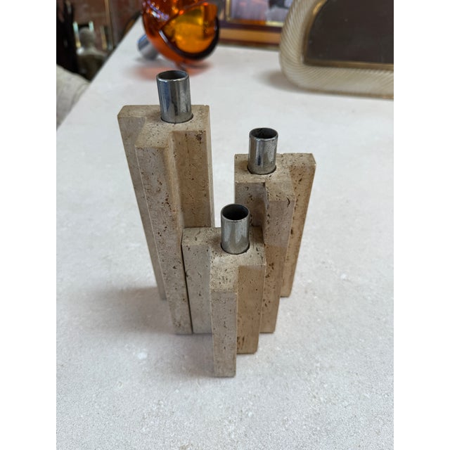 Set of Three Travertine and Chrome Candleholders by c.l.a.m., Italy, 1970s For Sale - Image 4 of 9