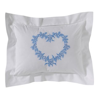 Boudoir Pillow Cover, Embroidered With Hem Stitch Border - Heart (Wedgewood Blue) For Sale