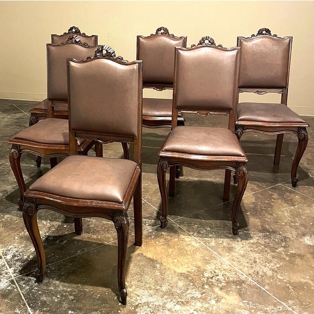 Set of 6 Antique Country French Louis XVI Dining Chairs With Leather For Sale - Image 4 of 18