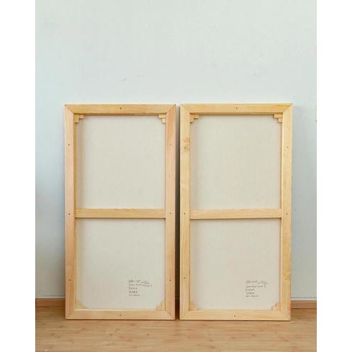 Cyan Red Circle Diptych, Contemporary Painting on Canvas, Framed For Sale - Image 11 of 13