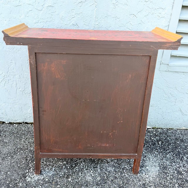 Vintage Chinese Hand Painted Red Angle Apothecary Dresser For Sale - Image 9 of 9