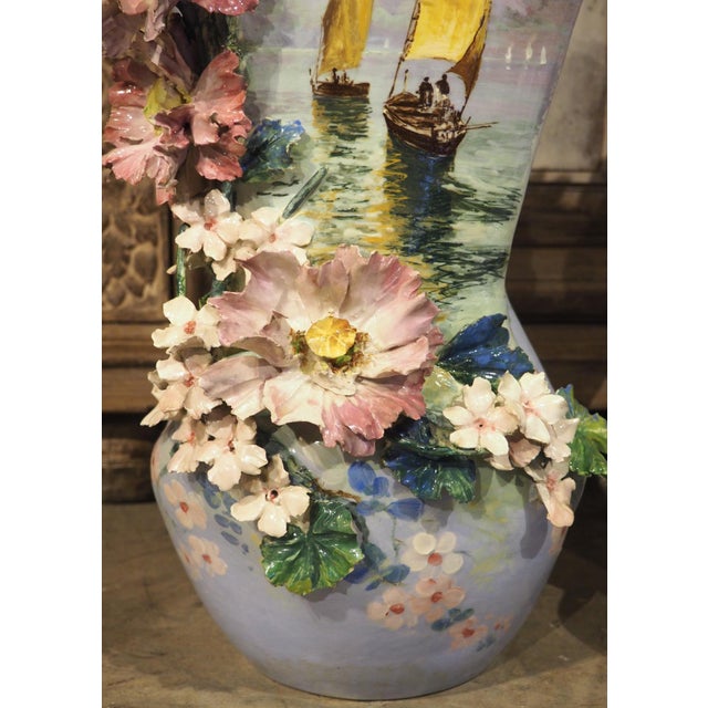 Pair of Circa 1890 Hand Painted French Gros-Relief Blue Ground Barbotine Vases For Sale - Image 15 of 18