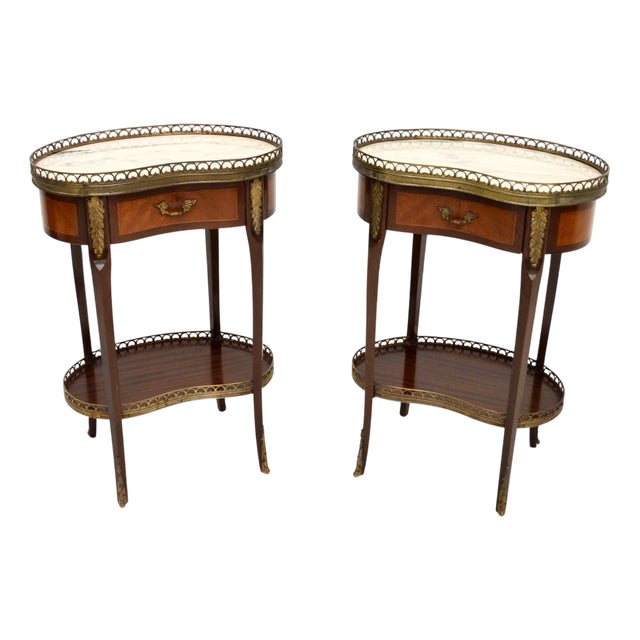 Antique French Kidney Shaped Side Tables with Marble Top, 1930, Set of 2 For Sale