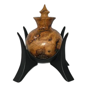 Handcrafted Aspen Burl Hollow Turning Vessel With Lid & Asian Inspired Black Stand