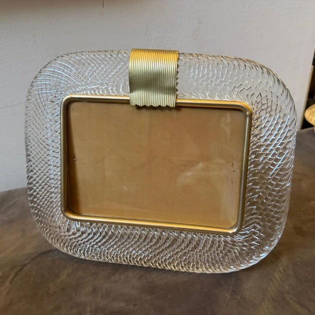 Transparent 1990s Barovier Style Art Deco Murano Glass and Brass Horizontal Picture Frame For Sale - Image 8 of 11