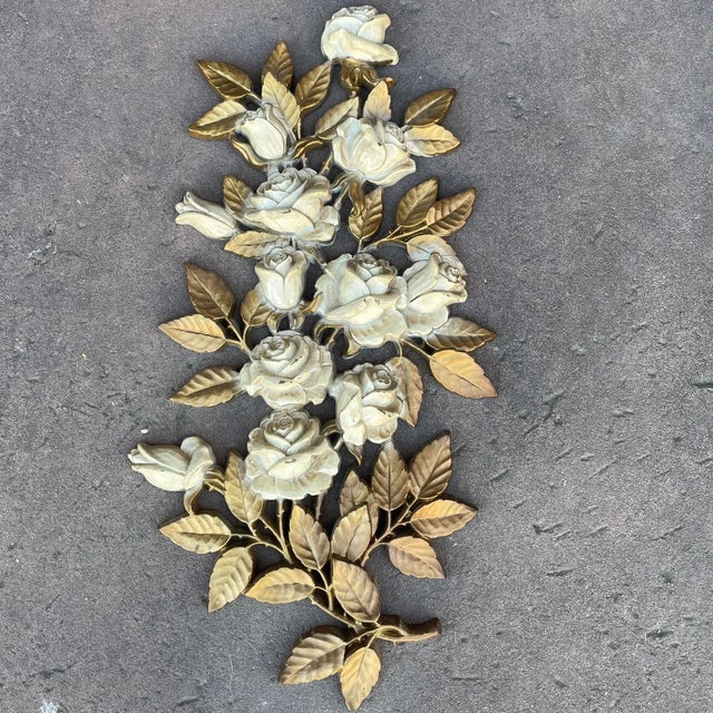 Syroco Vintage Mid 20th Century Cream Roses and Gold Leaves Wall Hanging Decor by Homco #7286 For Sale - Image 4 of 11