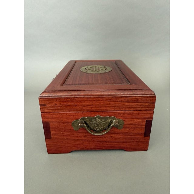 Chinese Asian Wooden Jewelry Box Brass Red Lined Trinket Chest W/Key + Lock Vintage For Sale - Image 16 of 18