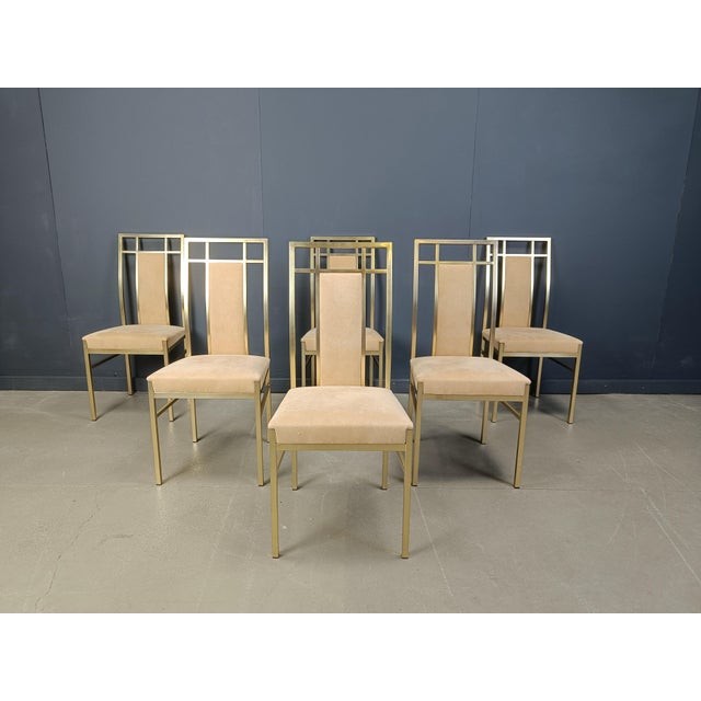Hollywood Regency Vintage Brass and Alcantara Dining Chairs from Belgo Chrom, 1970s, Set of 6 For Sale - Image 3 of 12