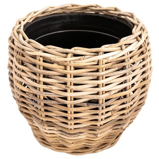 Artifacts Rattan Round Belly Planter with Black Plastic Insert, Natural, 13" For Sale - Image 9 of 9