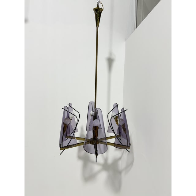 Brass and Purple Acrylic Glass Chandelier in the style of Stilux Milano, 1960s For Sale - Image 13 of 14
