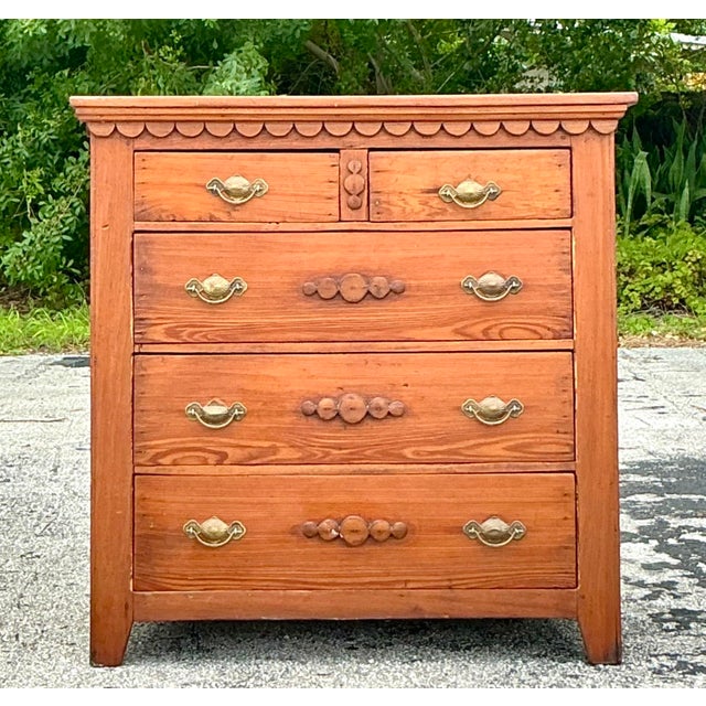 Chocolate Vintage Primitive Scalloped Chest of Drawers For Sale - Image 8 of 12
