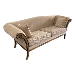 Upholstered Sofa With Carved Wood Frame and Scrolled Arms For Sale