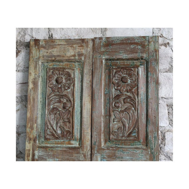 Mid-Century Modern Antique Floral Carved Double Barn Doors in Distressed Blue – Handcrafted Sliding Doors80x32 For Sale - Image 3 of 5
