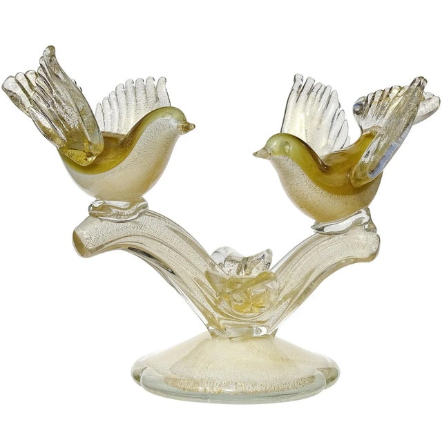 Gold Vintage Barbini Murano White Olive Green Gold Flecks Italian Art Glass Birds Centerpiece Sculpture For Sale - Image 8 of 8