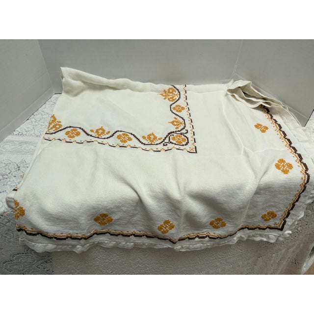 Textile Vintage Embroidered Cross Stitch Tablecloth For Sale - Image 7 of 8