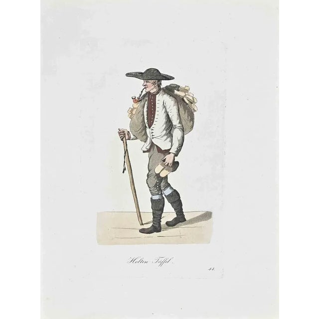 Hand-colored etching by Christoph Suhr in 1808. Belongs to the series "Der Ausruf in Hamburg dargestellt in einhundert und...