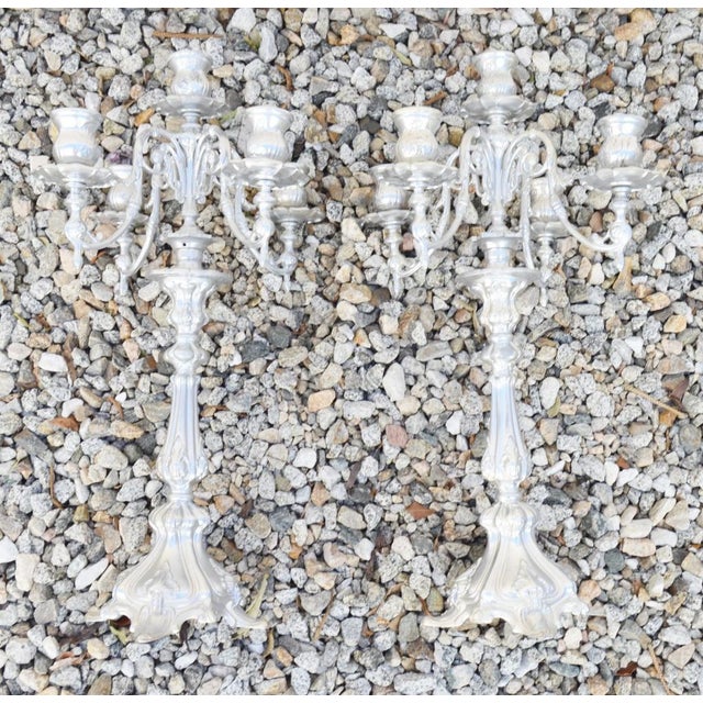 1950s Candleholders Candelabras Pair 5 Cups Each Antique Circa 1950s Made of Pewter Silver Tone Made in Italy No Insignias For Sale - Image 5 of 12