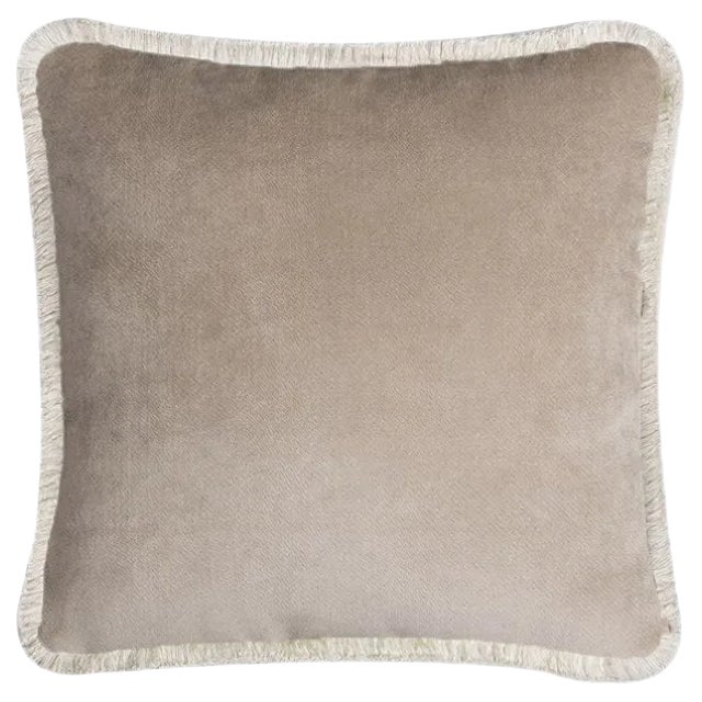 Happy Pillow Soft Velvet Cushion with Fringe Beige-White by Lorenza Briola for Lo Decor For Sale