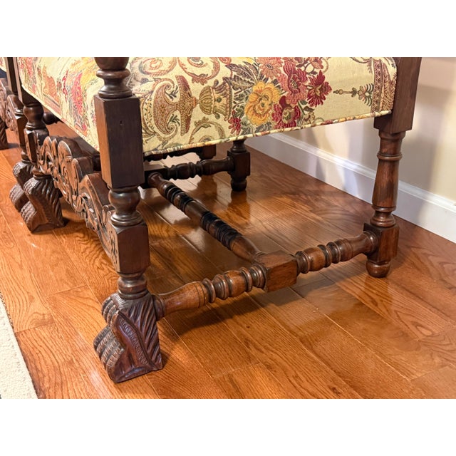 French Antique Louis XIII Style Brown Walnut Tiger and Elephant Tapestry Armchairs - A Pair For Sale - Image 3 of 16