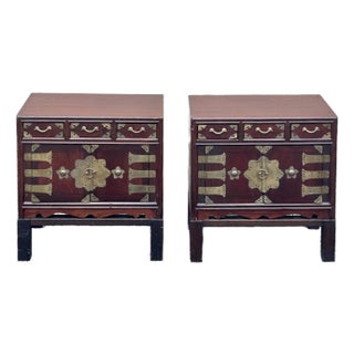 Pair of Chinese Brass Mounted Elm Low Nightstands - a Pair For Sale