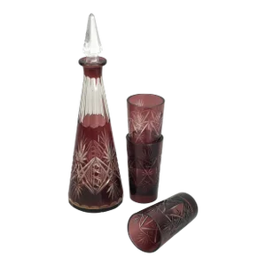 Vintage 50s Bohemian Czech Glass Cut Crystal Cranberry Decanter Set- 4 Pieces