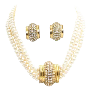 Triple Strand Pearl Rhinestone Gilt Gold Choker Collar Necklace and Earrings Set - 3 Pieces