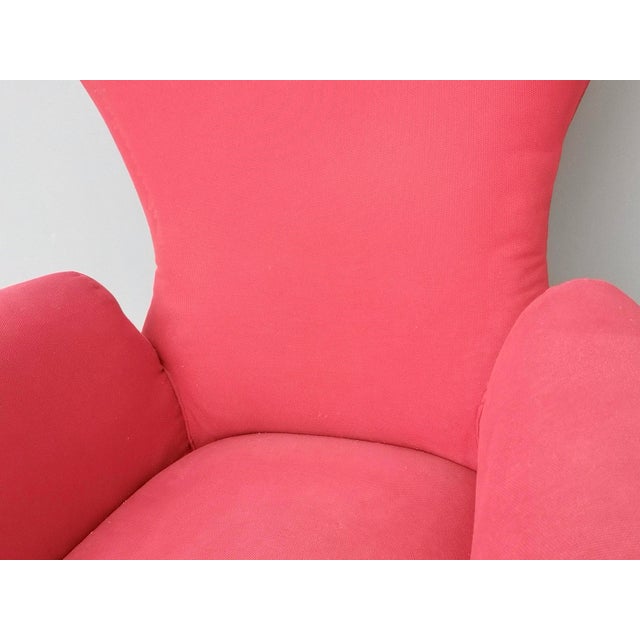 Metal Vintage Red Cotton Wingback Armchair with Brass Feet, Italy For Sale - Image 7 of 11