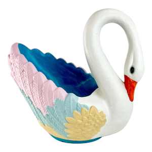 1988 Vintage Coastal Reconstituted Stone Swan Planter, Hand Painted, Artist Jen Lee