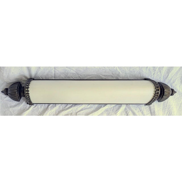 Vintage mid century frosted glass u-bar bathroom vanity light made by Lightcraft. Each end is encased with a oil rubbed...