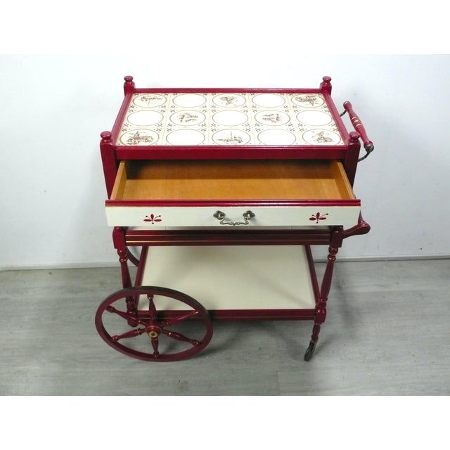 Red and Cream 3-Tier Serving Cart with Drawer, 1950s For Sale - Image 3 of 9