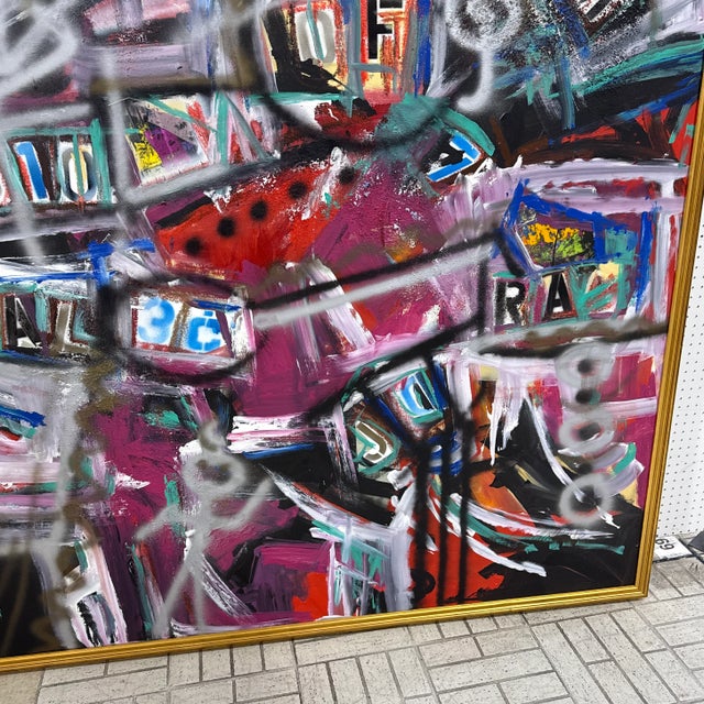 Late 20th Century Vintage Abstract Graffiti Style Street Life Abstract Painting by Listed Artist Cecilia Mayr “Sneakers & Makeup" Framed For Sale - Image 5 of 12
