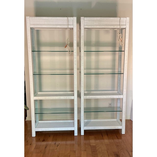 70s Vintage Henry Link White Wicker Lighted Etageres Display Glass Shelves - A Pair For Sale In Greenville, SC - Image 6 of 12