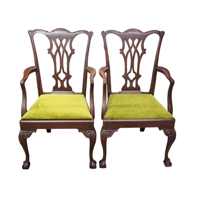 Pair Fine Vintage 1940s Chippendale Arm Chairs in Velvet For Sale - Image 9 of 9