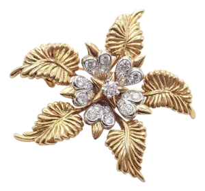 Late 20th Century Tiffany & Co. Schlumberger Yellow Gold Platinum Diamond 5 Leaf Pin Brooch