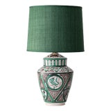 Mid-20th Century Spanish Revival Green Ceramic Table Lamp with Silk Shade, 1970s For Sale
