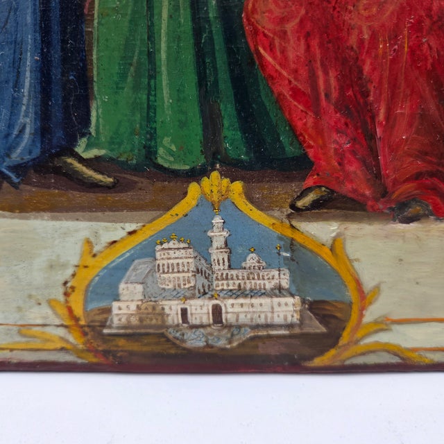 19th Century Greek Orthodox Annunciation Archangel Gabriel and Virgin Mary Icon Painting on Wood Block For Sale - Image 9 of 10