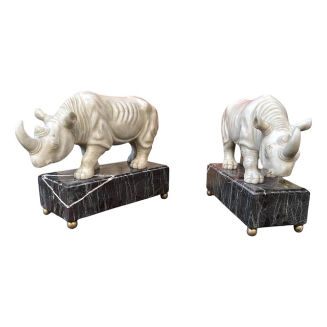 Italian Hand-Carved Marble Rhinoceros Sculptures, 1980, Set of 2 For Sale
