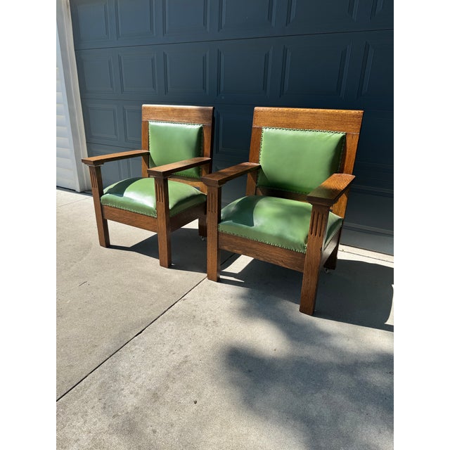 Pair of Antique Oversized Mission Style Oak Armchairs For Sale In Milwaukee - Image 6 of 7