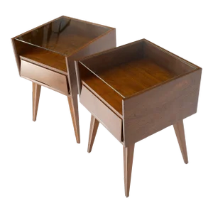 Pair Swedish Mid Century Modern Glass Top Cube Shape End Side Tables NightStands