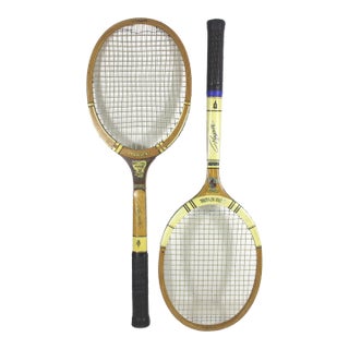 Curated Set of Vintage Sport Tennis Rackets for Designer Decorating Wood Racquet Set of Two Sports Equipment For Sale
