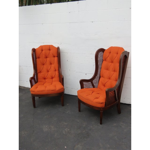 Wood Hollywood Regency Extra Tall Caned Wing Back Livingroom Side Chairs a Pair 6654 For Sale - Image 7 of 17