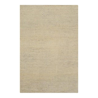8x10 Ivory Hand-Knotted Wool Linear Maze Geometric Modern Carpet Rug For Sale