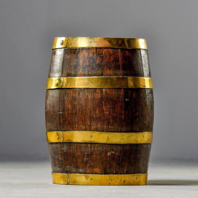 Antique English Dark Oak Barrel With Brass Bands For Sale - Image 4 of 12