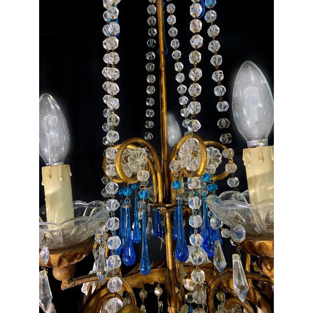 Metal Chandelier with White Roses and Blue Drops, Murano, 1950s For Sale - Image 7 of 18