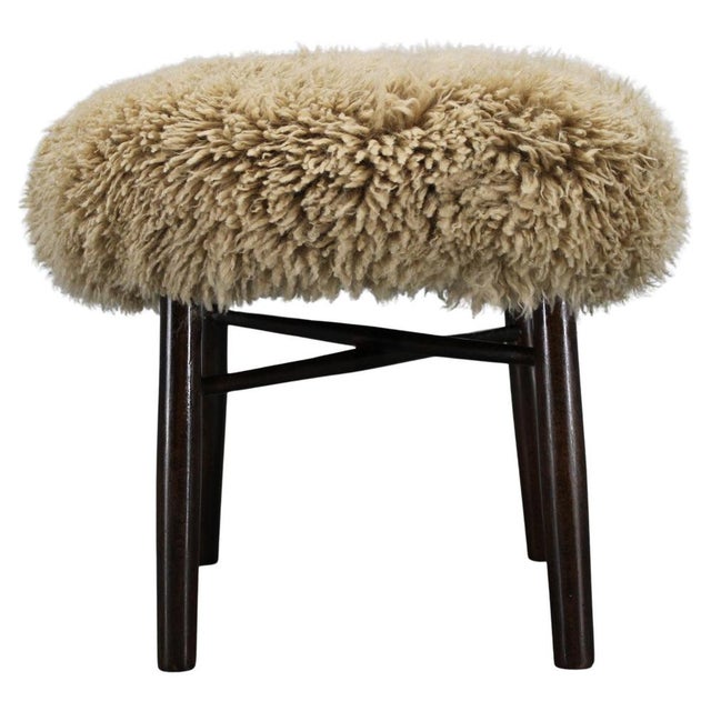 Wooden Stool with Sheepskin Upholstery, 1950s For Sale - Image 10 of 10
