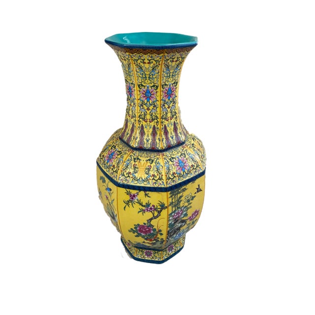 Vintage Famille Jaune Octagonal Shaped Vase 20"h For Sale - Image 4 of 13