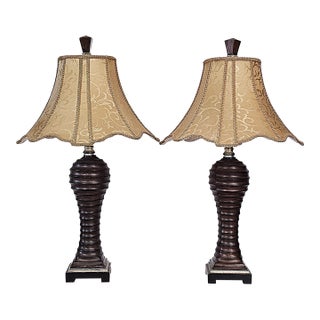 Vintage Uttermost Carved Wood-Finish Urn Table Lamps With Damask Shades – Pair For Sale