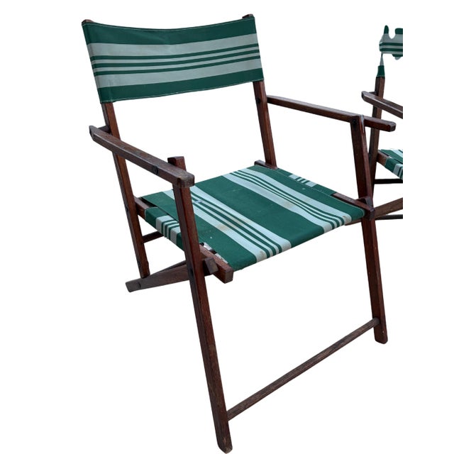 Mid 20th Century Folding Patio Chairs Pair – Stained Wood With Green & White Canvas, A Pair For Sale - Image 12 of 12
