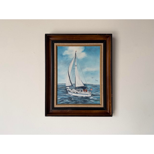 1970s Vintage R. Fisher Sailboat Oil on Canvas Painting – Framed For Sale - Image 4 of 12